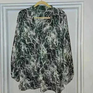 Kasper Womens Plus Phython Print Long Sleeve Blouse Black White Size 2X